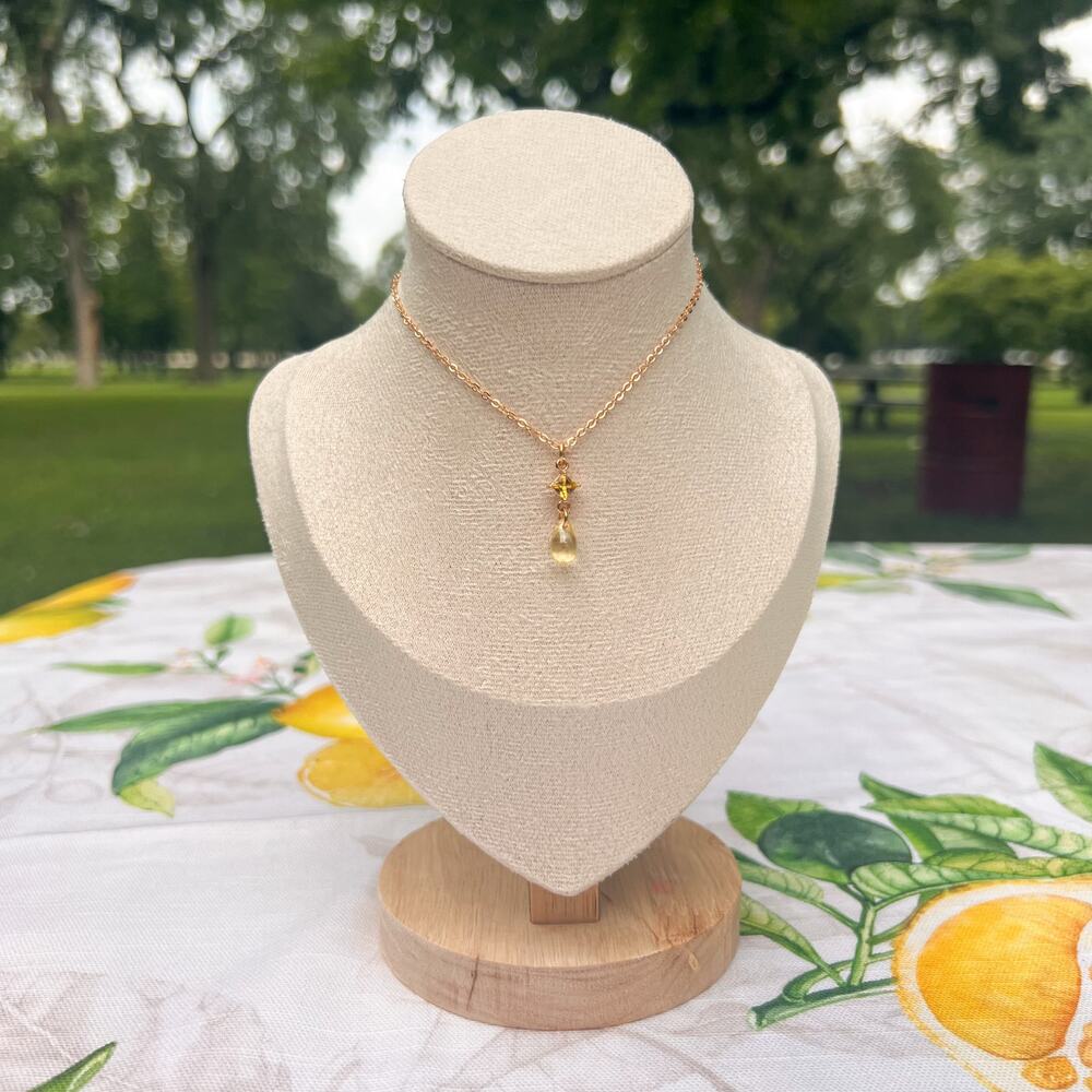 Citrine Yellow Czech Glass Zirconia Crystal Dainty Cute Minimalist Necklace